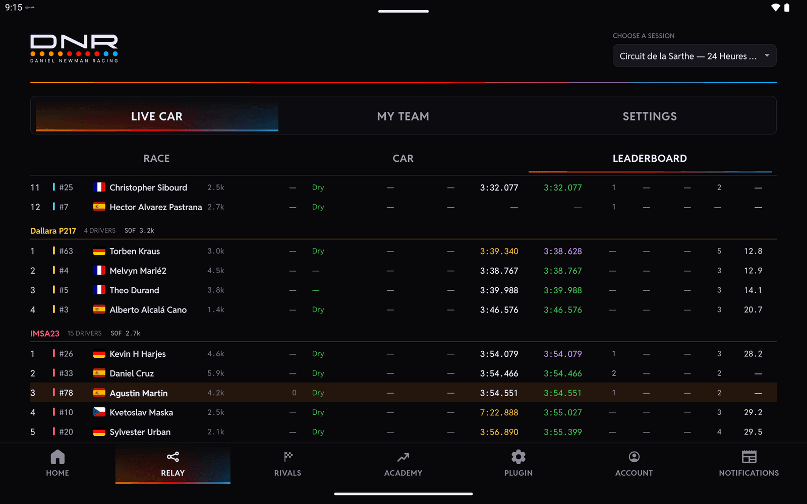 The DNR app on a tablet: RELAY's leaderboard by class at Le Mans, every driver in the session with your own car picked out of the field