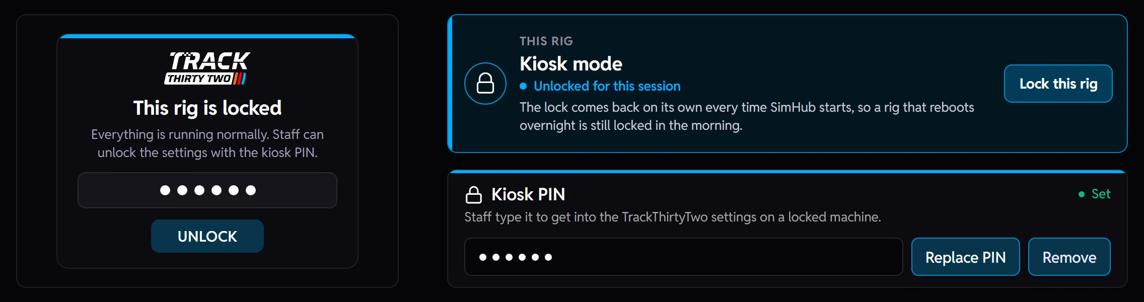 A rig locked in kiosk mode, the plugin asking staff for the PIN, beside the plugin's Kiosk mode controls and the website's Kiosk PIN card