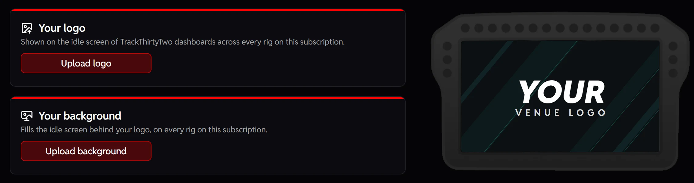 The website's Branding cards for your logo and your background, beside a rig's dashboard idle screen wearing the venue's own logo and background
